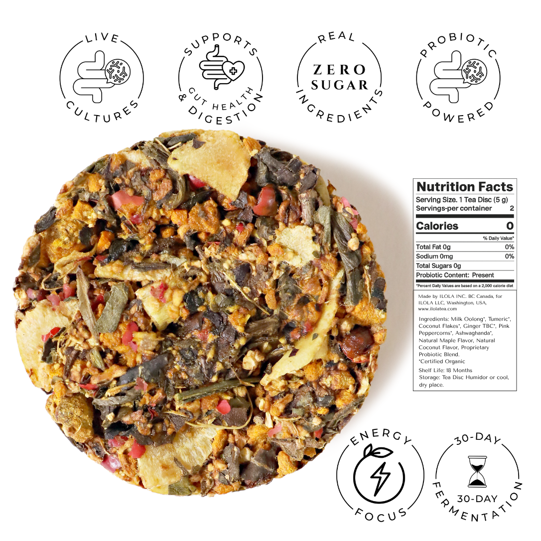 Golden Milk No. 7 | Turmeric Ginger Tea with Coconut & Ashwagandha | Caffeine-Free Tea Discs | Probiotic Blend