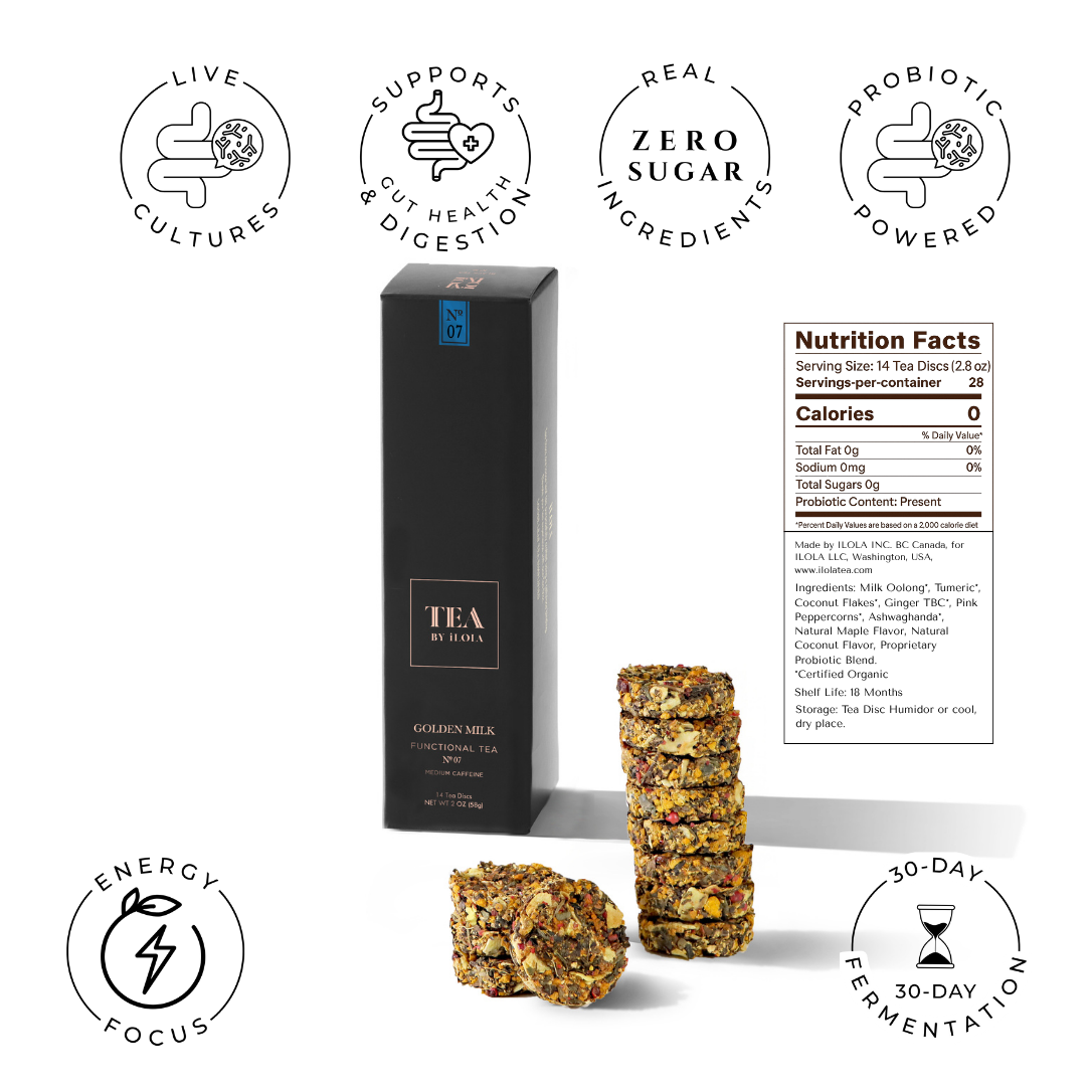 Golden Milk No. 7 | Turmeric Ginger Tea with Coconut & Ashwagandha | Caffeine-Free Tea Discs | Probiotic Blend